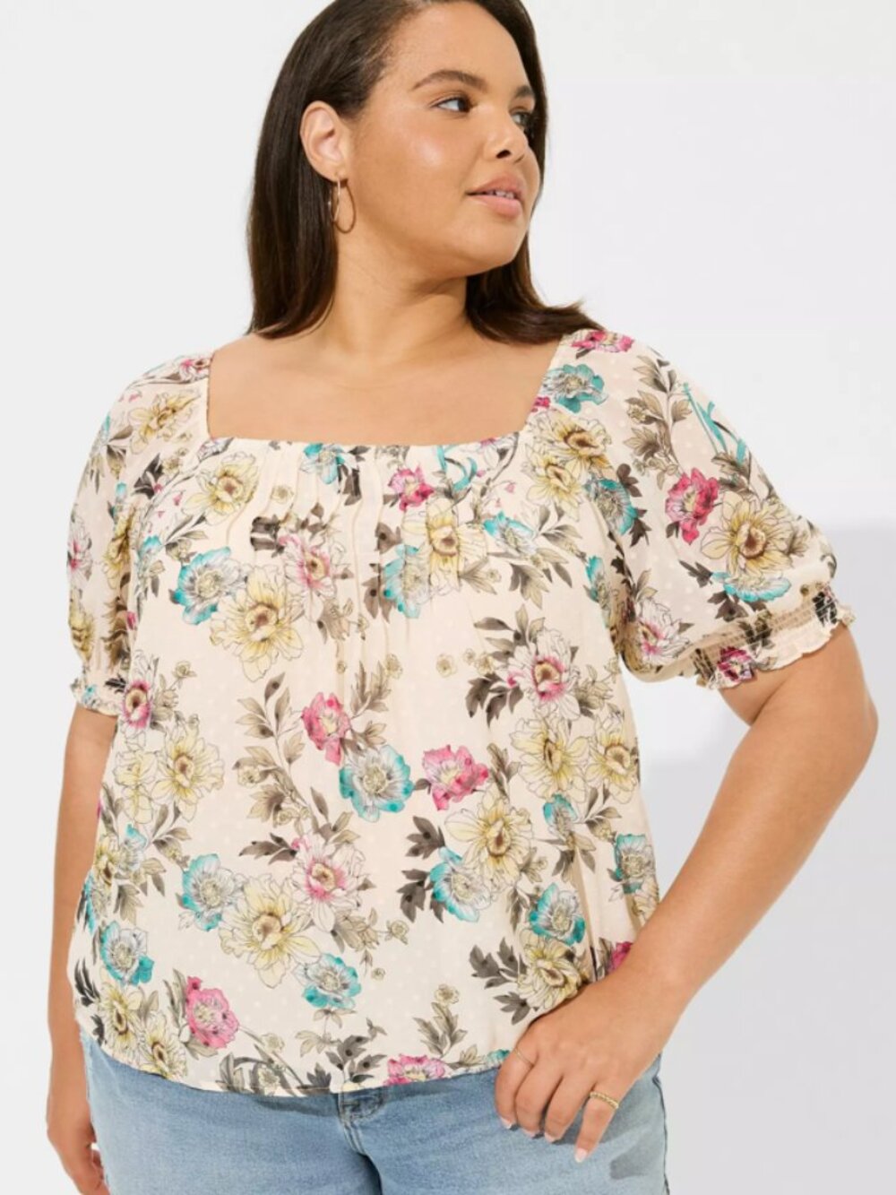Torrid Chiffon Floral Dot Blouson Top Size 1 1X Short Sleeve Blouse